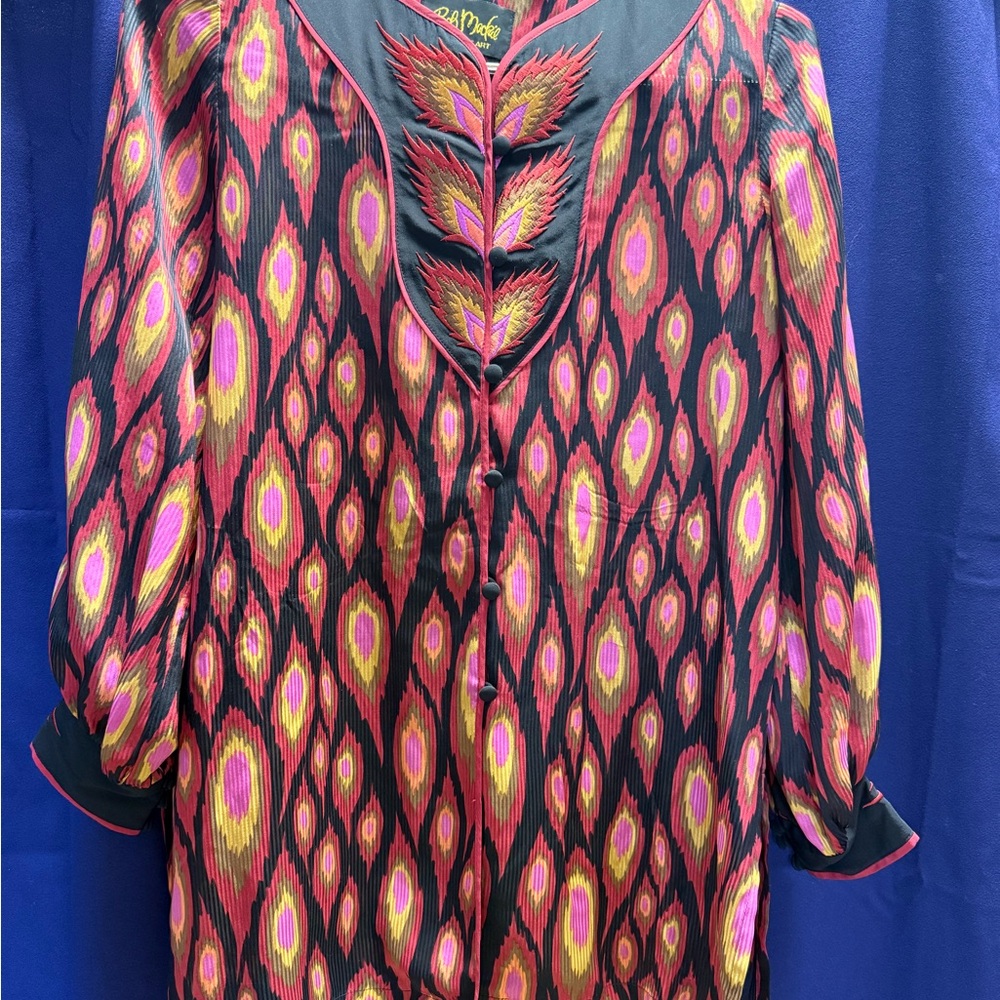 Bob Mackie Wearable Art Silk Ikat Flame Embroidered Top Sz S Vintage Boho